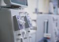 A kidney dialysis machine in a medical facility. This machine is a newer machine just put in by the facility.