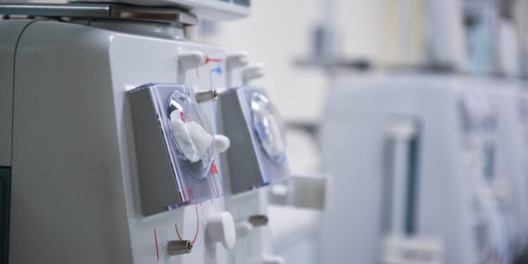 A kidney dialysis machine in a medical facility. This machine is a newer machine just put in by the facility.